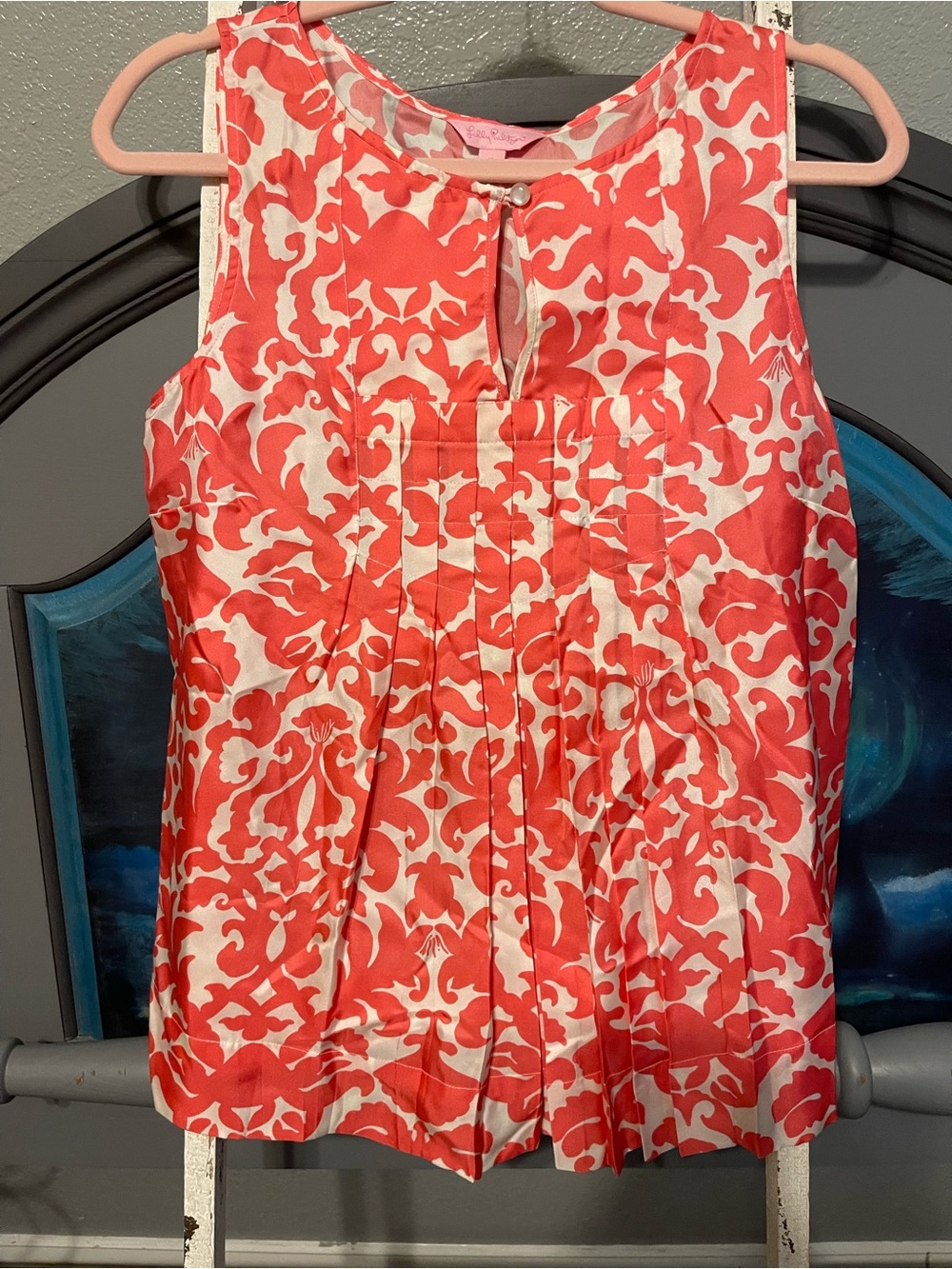 Lilly Pulitzer Coral and White Sleeveless Pleated Blouse